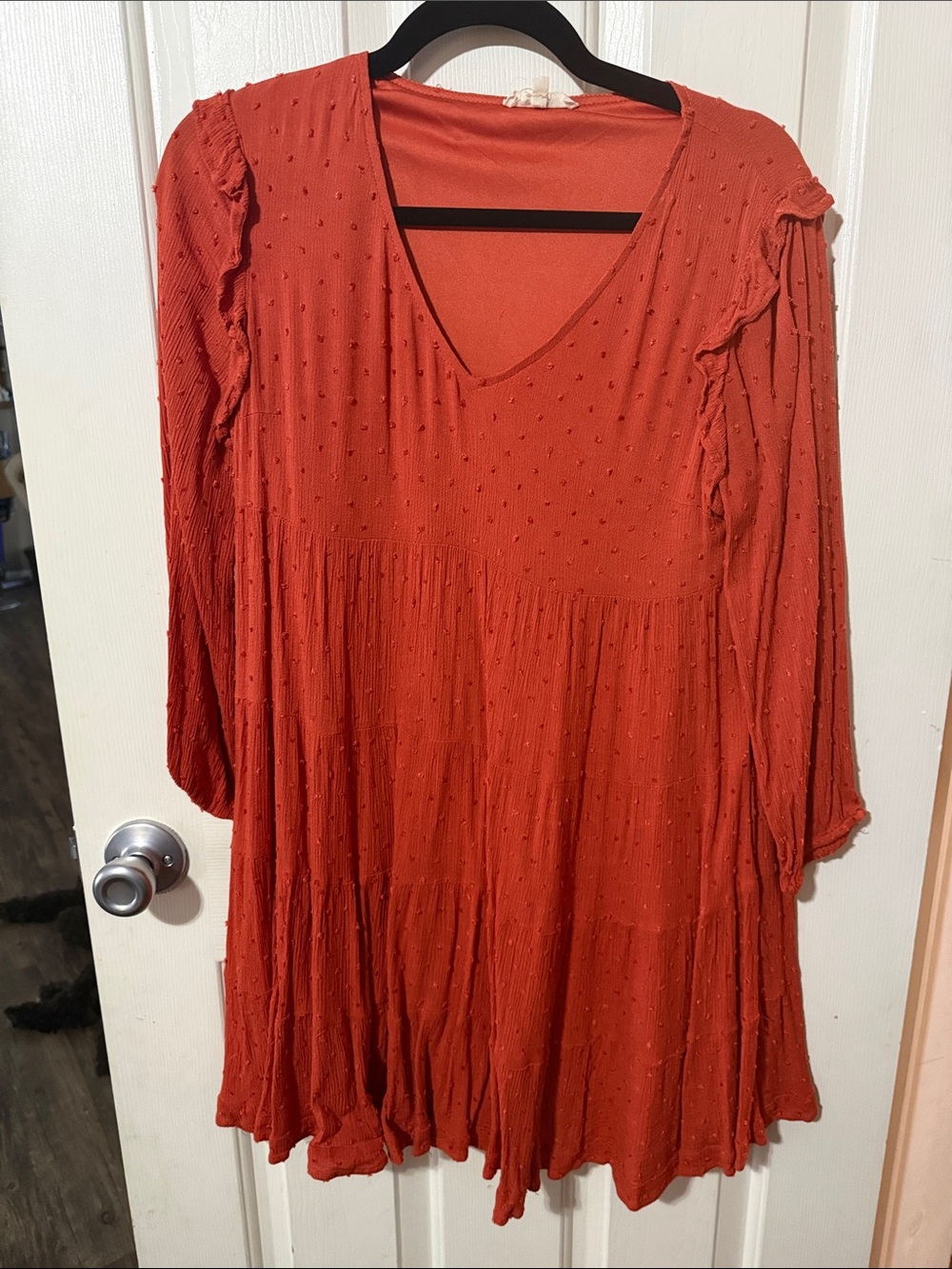Women's Textured V-Neck Swing Dress in Rust